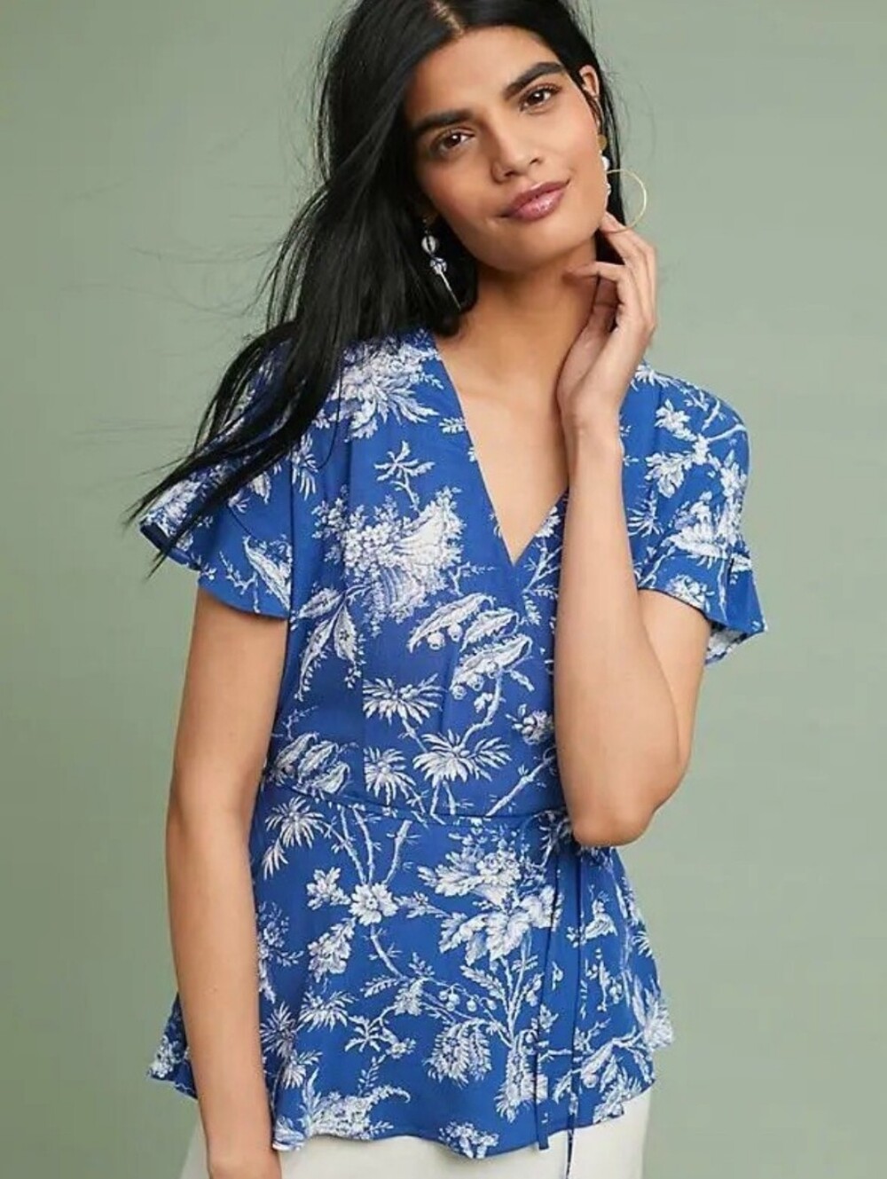 Maeve Floral Wrap Shirt Blue White Women's 14